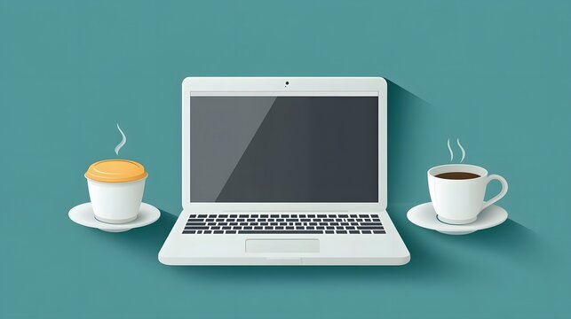 Flat design illustration of laptop and beverages.