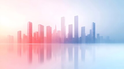 Poster - ピンクと青のグラデーションの背景にミニマリストのガラスの超高層ビル街並みと水面反射の未来的な都市景観のパノラマ