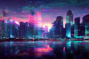 Poster - A futuristic cityscape reflected in a tranquil body of water.
