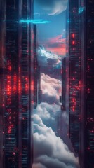Aufkleber - 赤いアクセントと雲の上の未来的な都市の風景青い空の下にそびえ立つ高層ビル群のパノラマの眺め