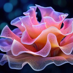 Poster - Close up of a vibrant coral like structure with pink, orange, and red hues, exhibiting a delicate, textured surface and intricate, ruffled form