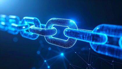 Poster - a digital chain link glowing in blue, representing blockchain technology and secure connections in a