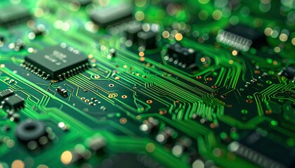 Poster - Close-up of a green circuit board with intricate pathways, chips, and electronic components showcasing modern technology