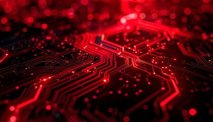 Poster - A close-up of a circuit board illuminated by red lights, showcasing intricate patterns and a high-tech aesthetic