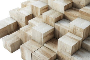 Poster - An overhead view of a geometric pattern made of wooden cubes in a staggered arrangement and soft lighting