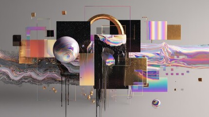 Fototapete - Abstract padlock with geometric shapes and holographic elements