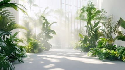 Aufkleber - 明るい緑の植物が茂る温室の穏やかな光景とソフトな光 インテリアデザインと平和な雰囲気