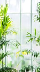 Aufkleber - 屋内温室の緑の葉と白い窓枠の垂直ショットです