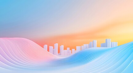 Poster - ソフトパステルカラーの3D都市景観の抽象的な背景 幾何学的な波状の地形と白い建物のシルエット 未来的なデジタルアートワークとスタイリッシュな建築デザイン