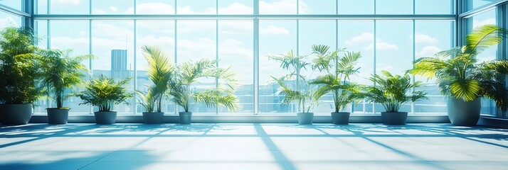 Fototapete - モダンな白い内装に鉢植えが並ぶ高層ビルからの明るい街並みの眺め
