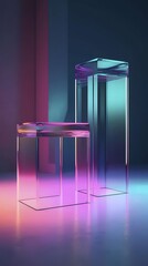 Aufkleber - 紫と青色の照明のピクセル化されたエッジを持つ透明な幾何学的形状がグレーの表面に反射する抽象的なシーン