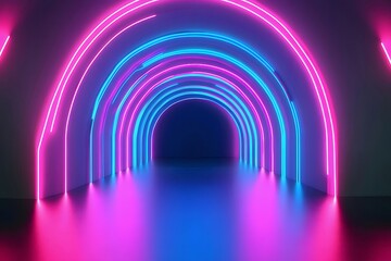 Aufkleber - ピンクと青のネオンアーチが特徴的な抽象的な未来的なトンネル 輝く光る廊下と幾何学的なデザイン 現代的な技術的な雰囲気