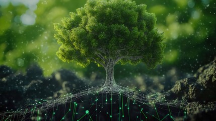 Poster - 活気に満ちた緑の葉の木のデジタル表現 緑の背景に輝く粒子とデジタルネットワークを伴い 環境と持続可能性のコンセプトを示唆