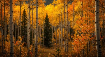  Autumn Aspen Grove - Vibrant golden aspen trees fill a forest scene, with a dark evergreen tree standing tall in the center. Autumn foliage creates a stunning natural backdrop