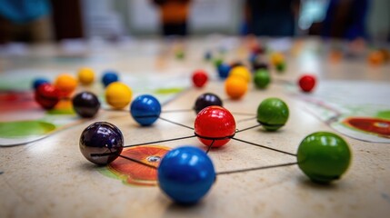 Poster - Colorful spheres connected by thin lines on a light surface.