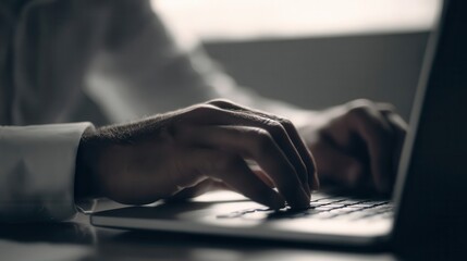 Poster - Close-up view of hands typing on a laptop computer.