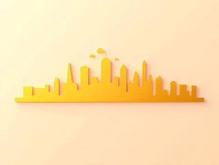Poster - 黄色の都市のスカイラインのシルエット ミニマルな都市景観デザイン 黄色の背景に現代的な建物と高層ビルの抽象的な表現
