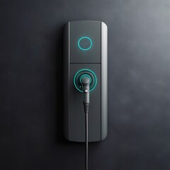 Aufkleber - 黒い背景に設置された青い蛍光灯が付いた灰色の電気自動車充電ステーションコネクター