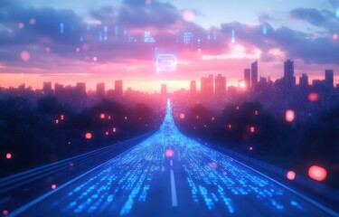 Poster - テクノロジー駆動型未来 都市景観とデータフローが織りなす夜明けの道 青とピンクの光が未来的な技術とデジタル接続を象徴する高速道路