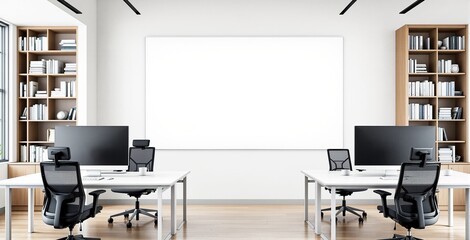 Poster - Contemporary office interior with desks, chairs, computers, wooden bookshelves, and blank wallboard, in minimal style on white background. Ai generative