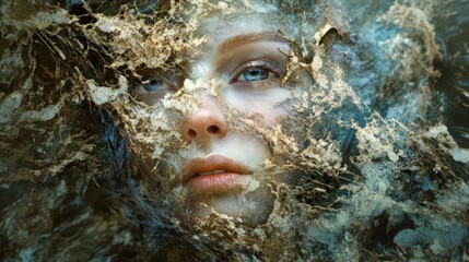 Poster - Abstract portrait of a woman with textured face, surrounded by natural beauty