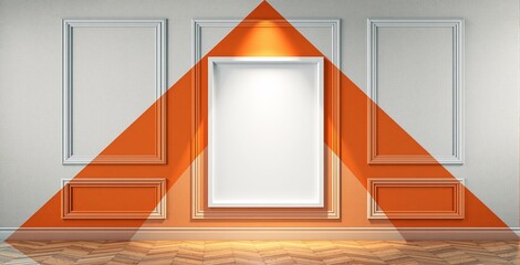Poster - Classic interior wall with decorative moldings, orange geometric triangle overlay, spotlighted white frame, on wood floor background. Concept of modern art. Ai generative