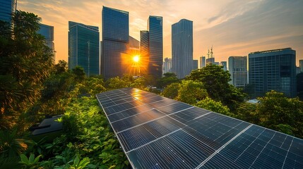 Poster - シンガポールの夕暮れ時の都市景観と太陽光発電パネル グリーンエネルギーのコンセプト