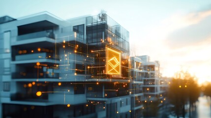 Aufkleber - モダンな建物の抽象的な視覚化とオレンジ色のハイライトを備えた未来的な都市の景観