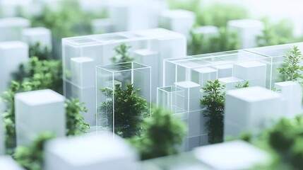 Poster - 緑の木々と白い幾何学的な建物が特徴のミニチュア都市のクローズアップ表示