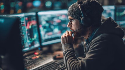Poster - Focused individual engrossed in data analysis at night.