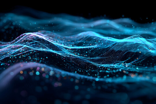 Abstract digital waves of light and particles in dark space.