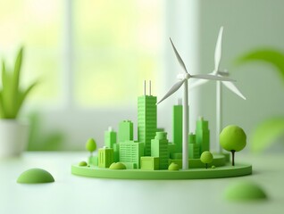 Aufkleber - 緑の都市モデル 風力タービンと緑の植物が背景にある持続可能なエネルギーの概念を示す まだらな背景のソフトな照明