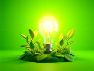 Poster - 緑の背景に囲まれた植物に囲まれた明るい輝く電球は持続可能性と環境意識を象徴しています