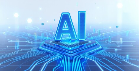 Poster - glowing ai letters on a digital chip with neon circuits, futuristic style on a light tech background
