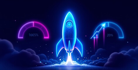 Poster - Neon glowing rocket launching into space with digital speed and growth gauges, futuristic graphic style on dark background, concept of success boost. Ai generative