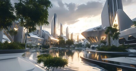 Aufkleber - 未来的な都市景観 反射する水面を持つ建築デザイン 高層ビルが立ち並ぶ夕暮れの風景
