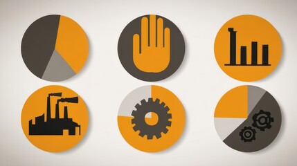 Poster - Orange and gray circular graphic icons with various industrial symbols.