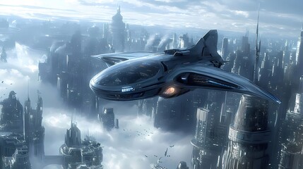 Aufkleber - 霧のかかった背景に輝く未来的な都市風景の中を飛ぶ青い航空機 未来的な都市景観 都市の背景にハイテク車両