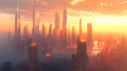 Aufkleber - オレンジ色の夕焼け空に照らされた高層ビルのスカイラインの壮大な都市景観 モダンな建築物が光と影のシルエットを作り出す