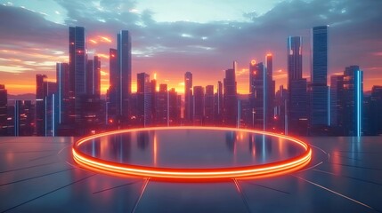 Aufkleber - 夕暮れ時のネオンライトが輝く未来都市のパノラマビュー 輝くオレンジ色の夕焼け空と反射する床面 未来的な建築と技術革新が融合した都市景観