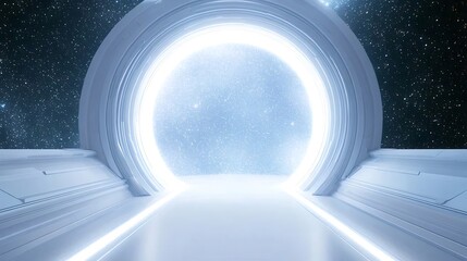 Poster - 未来的なポータルへ続く明るい銀色の通路 夜空の背景に光り輝くゲートウェイデザイン