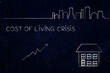 © faithie - Cost of Living Inflation Rising , City Skyline Upward Arrow Residential House, blackboard illustration
