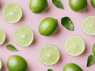 Poster - Fresh Lime Pattern on Light Pink Background, Overhead Flat Lay, Refreshing Citrus Fruit, Healthy Food, Vibrant Green Color, Summer Vibe