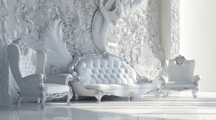 Poster - Ornate White Furniture Set in Bright Studio Setting with Textured Background and Clean Lines Interior Design