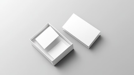 Poster - Minimalist Mockup Featuring White Business Cards and Box on Gray Background High Angle Studio Shot for Branding Presentation