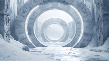 Aufkleber - 氷のアーチ構造と雪山の風景 未来的な白い背景の青い光 冷たい幾何学的な通路