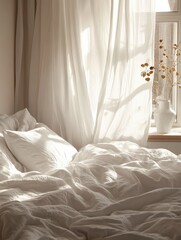Poster - Cozy Bed in Sunlight with White Linen Sheets and Curtains Interior Still Life Home Decor