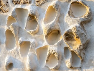 Fototapete - Abstract Stone Wall with Hollows in Warm Light Close Up Architectural Detail Texture Background