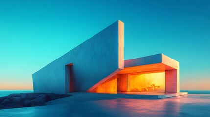 Aufkleber - ターコイズブルーの空を背景に、幾何学的なコンクリートの構造体がモダンなデザインで海辺に立つ建築デザイン