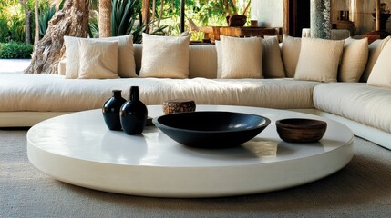 Aufkleber - Interior design showcasing modern living room with round coffee table and comfortable sofa with pillows